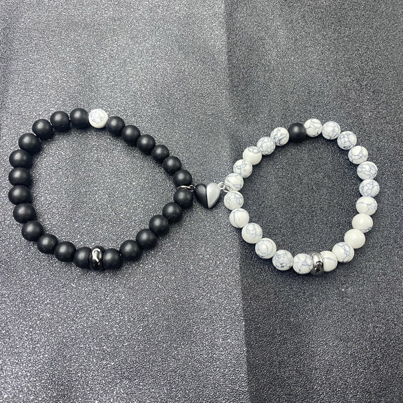 Couple Pair Suit Black White Beaded Bracelets - Heart-Shaped Black and White Stainless Steel Accessories without Card MegaBDM