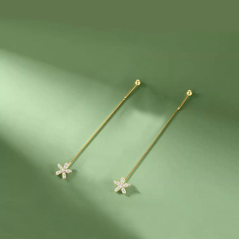 Female Light Luxury Minority Design Advanced Screw Ear Line - Rhinestone Small Flower Screw Hanging Earrings [Yellow Gold]] MegaBDM