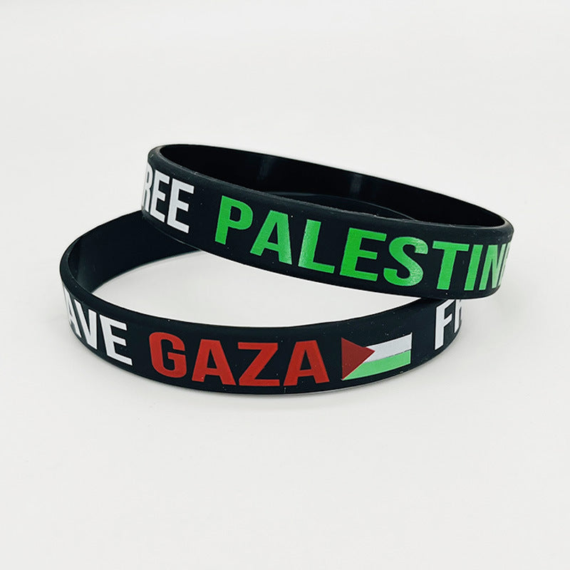 Palestinian Flag Engraved Color Gaza Logo Pattern Support Bracelets - Black Background Color Printing / Silicone MegaBDM