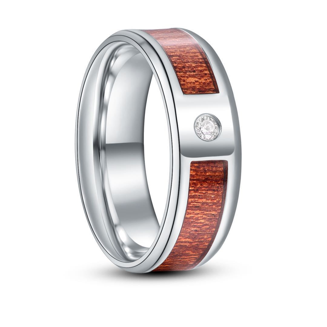 Men's Fashion Simple Titanium Steel Half Sapele Wood Leather Can Be Rings - Steel Color Half Circle Inlaid White Zircon Sapele Veneer / No. 6 MegaBDM