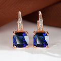 Women's Square Zircon Inlaid Ear Hook Korean Fashion Style Stud Earrings - Rose Gold Sapphire Blue MegaBDM