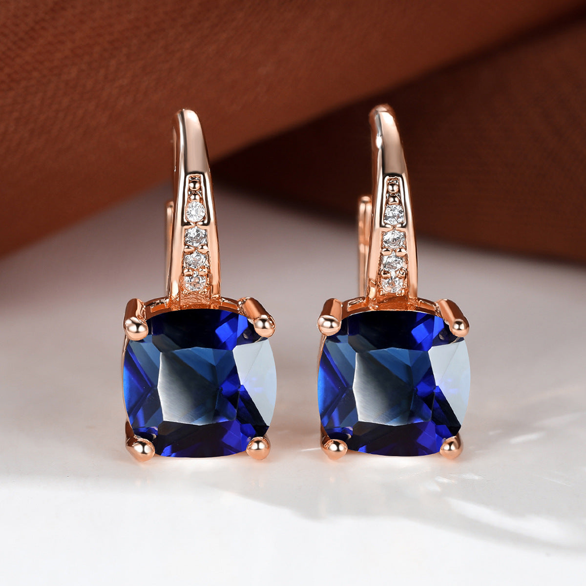 Women's Square Zircon Inlaid Ear Hook Korean Fashion Style Stud Earrings - Rose Gold Sapphire Blue MegaBDM