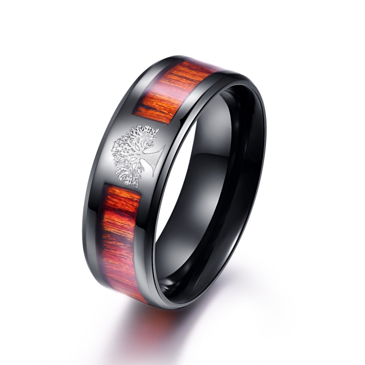 Men's Fashion Simple Titanium Steel Half Sapele Wood Leather Can Be Rings - Electroplated Black Half Circle Lucky Tree Inlaid Rosewood Wood Leather / No. 5 MegaBDM