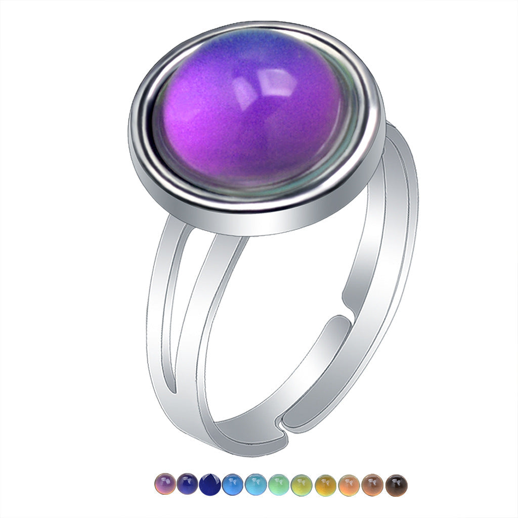 Women's Sweet Transparent Round Gem Mood Color Changing Adjustable Ring MegaBDM