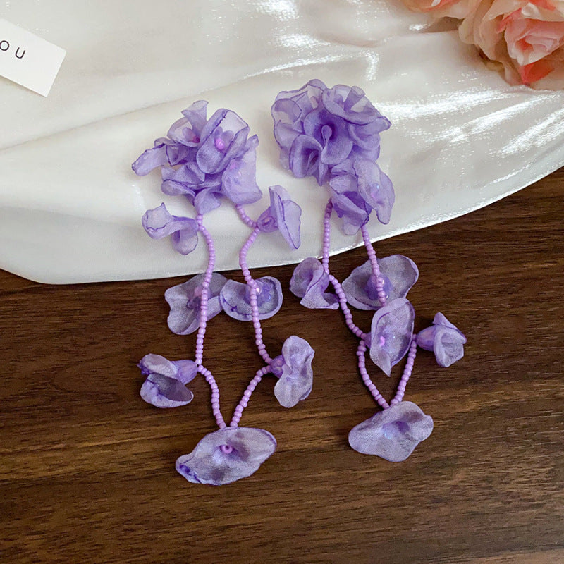 Women's Needle Fabric Purple Flower Tassel Light Luxury High-grade Temperament Fashionable Earrings - 33# Silver Needle-Purple MegaBDM