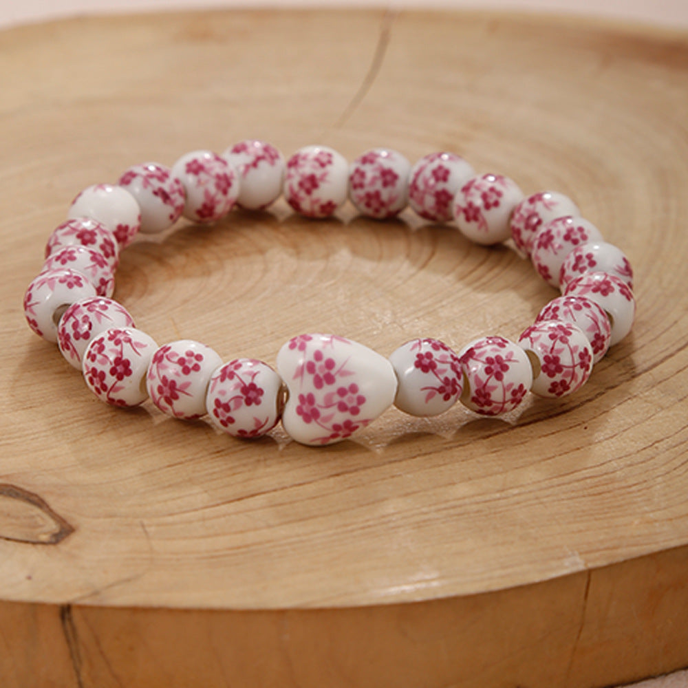 Women's & Men's Blue White Porcelain Ceramic Pattern Love Bracelets - Pink Love Heart MegaBDM