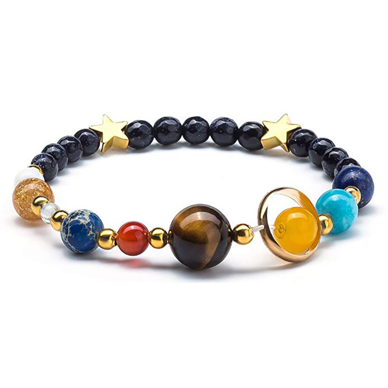 Women's Stone Elastic String Eight Planets Solar System Blue Bracelets - Blue Sand Golden Amber Stretch Bracelet MegaBDM