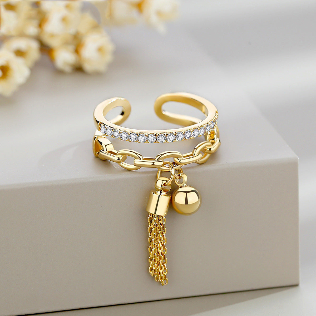 Style Yarn Ball Tassel Open Female Minority Simple Ring - Yellow Gold / Adjustable Opening MegaBDM