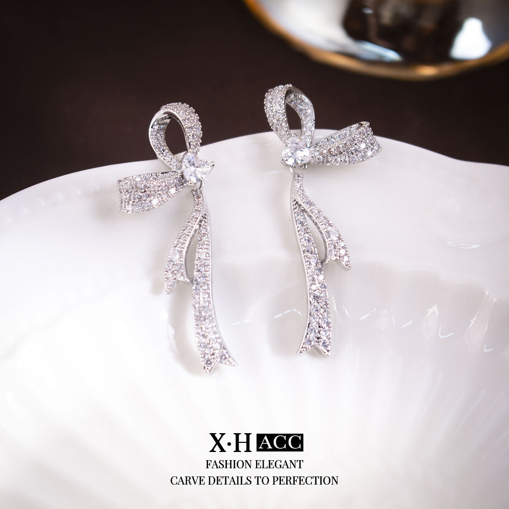 Elegant Zircon Butterfly Tassel Gentle Stylish Personality Stud Earrings - 25# Silver Loving Heart Zircon Bow Stud Earrings MegaBDM