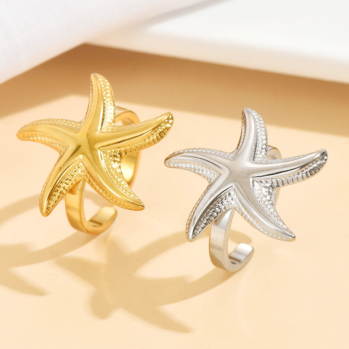 Fashion Stainless Steel Fresh Casual Vacation Style Stereo Starfish Ring MegaBDM