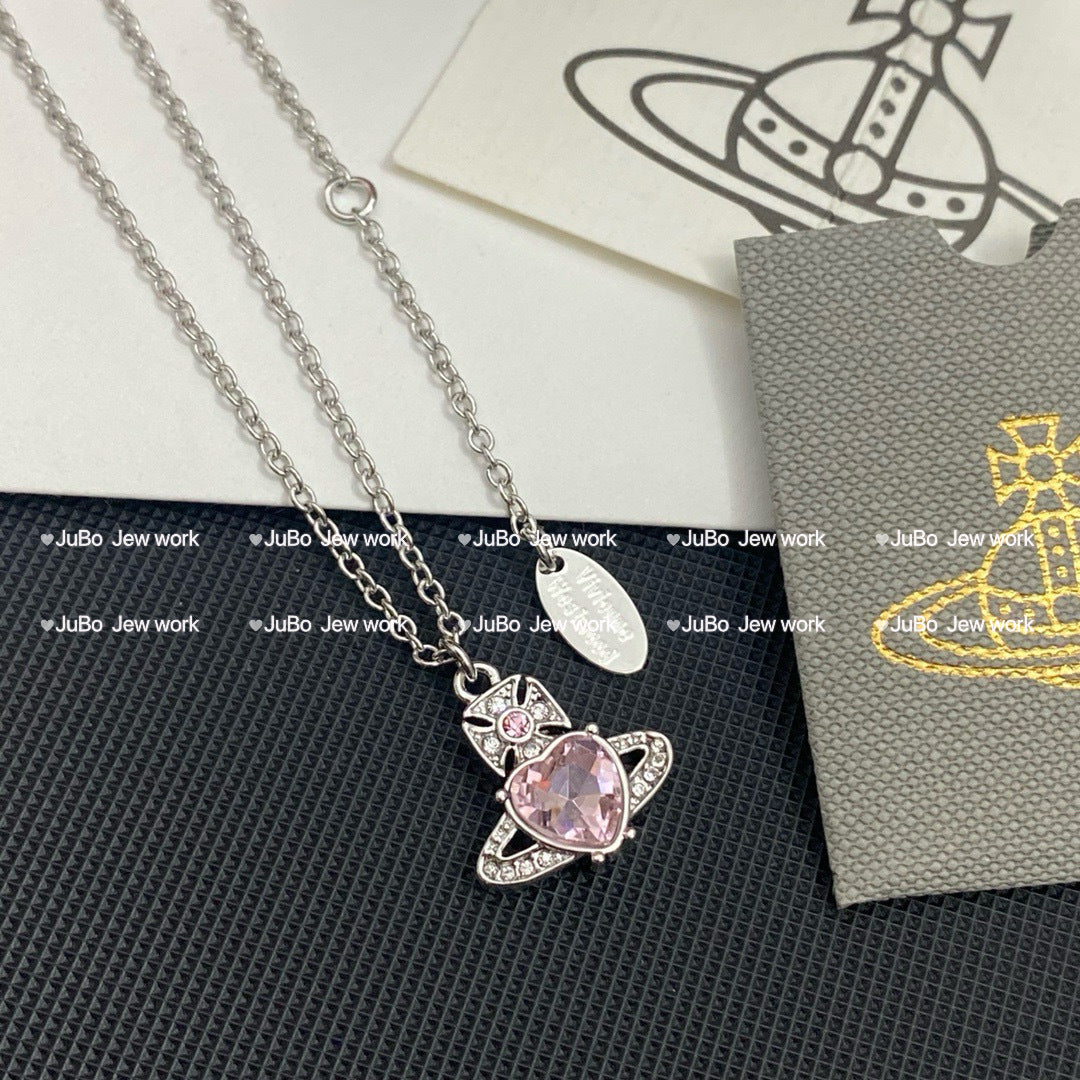 Women's Romantic Queen Mother Planet Three-dimensional Saturn Crystal Sweater Chain Necklaces - Pink Diamond Love Saturn Necklace MegaBDM