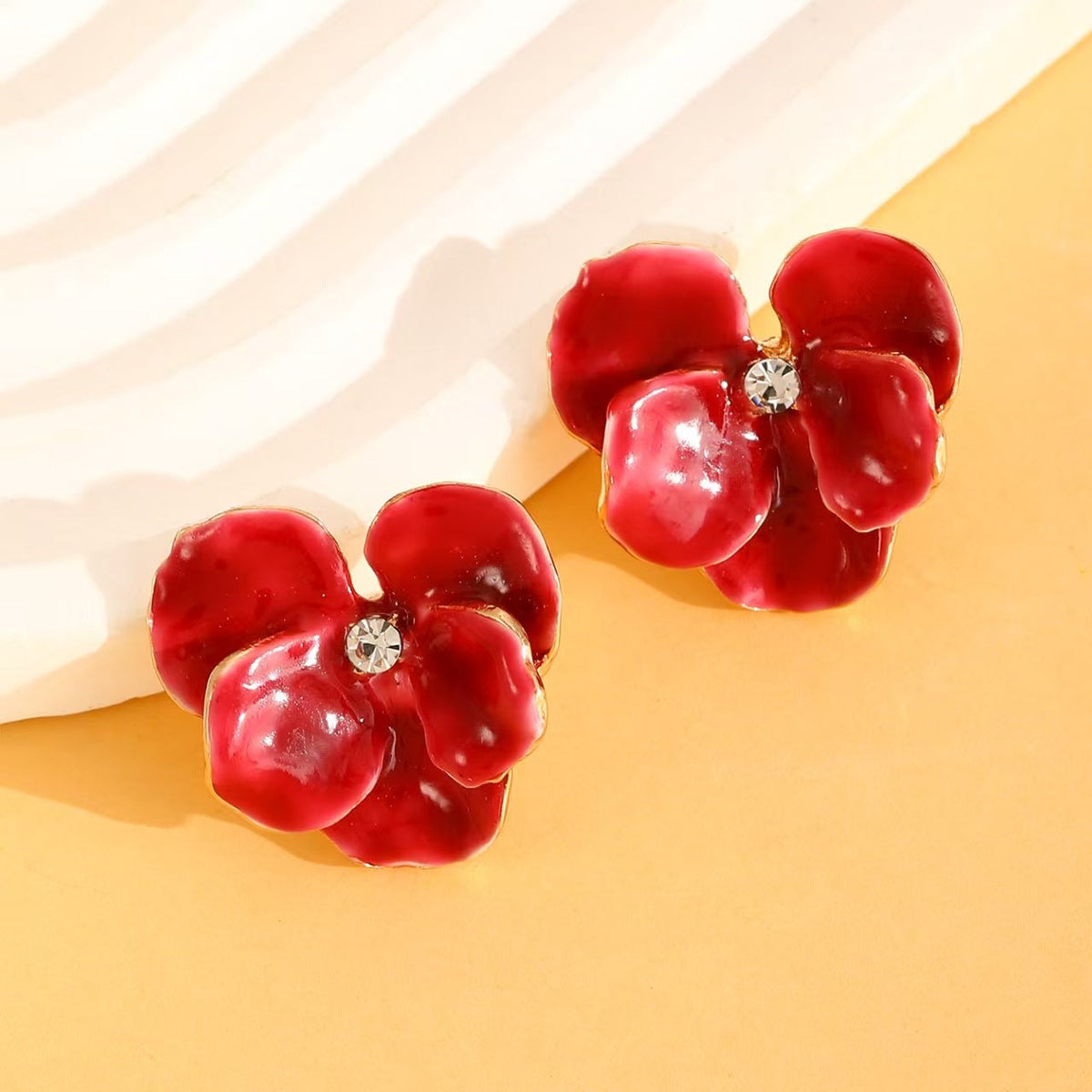 Women's Ruffled Oil Dripping Pleated Ear Cream Sweet Style Flower Enamel Stud Earrings - 11 KC Gold DZ-495 MegaBDM