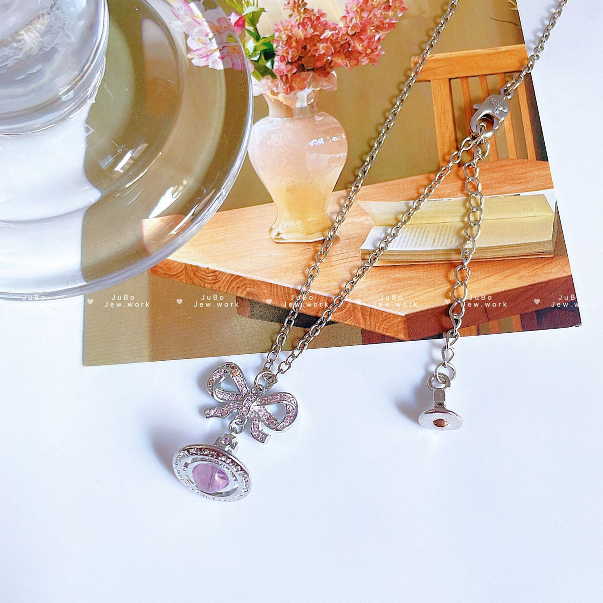 Women's Romantic Queen Mother Planet Three-dimensional Saturn Crystal Sweater Chain Necklaces - Bow Saturn Necklace-Pink MegaBDM