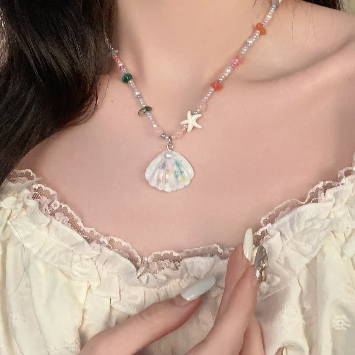 Women's Color Shell Starfish Beaded For Beach Vacation Niche Design Sweet Necklace - White Shell Necklace MegaBDM