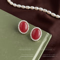 Women's Style Wine Red Enamel Retro Elegant Earrings - Oval PEARLRED-Silver Needle MegaBDM