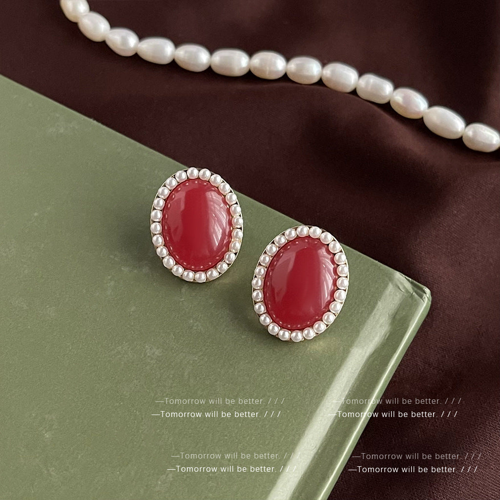 Women's Style Wine Red Enamel Retro Elegant Earrings - Oval PEARLRED-Silver Needle MegaBDM