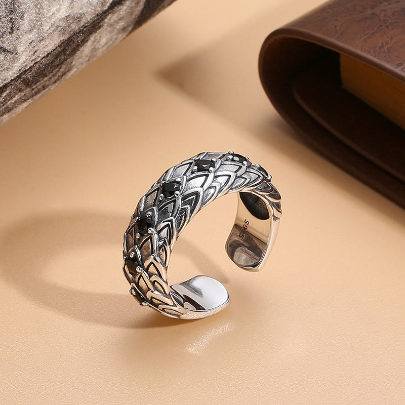 Inlaid Retro Opening Distressed Thai Sier Rings - TJ-809 the Fatal Encounter Black Diamond Ring / Adjustable Opening MegaBDM