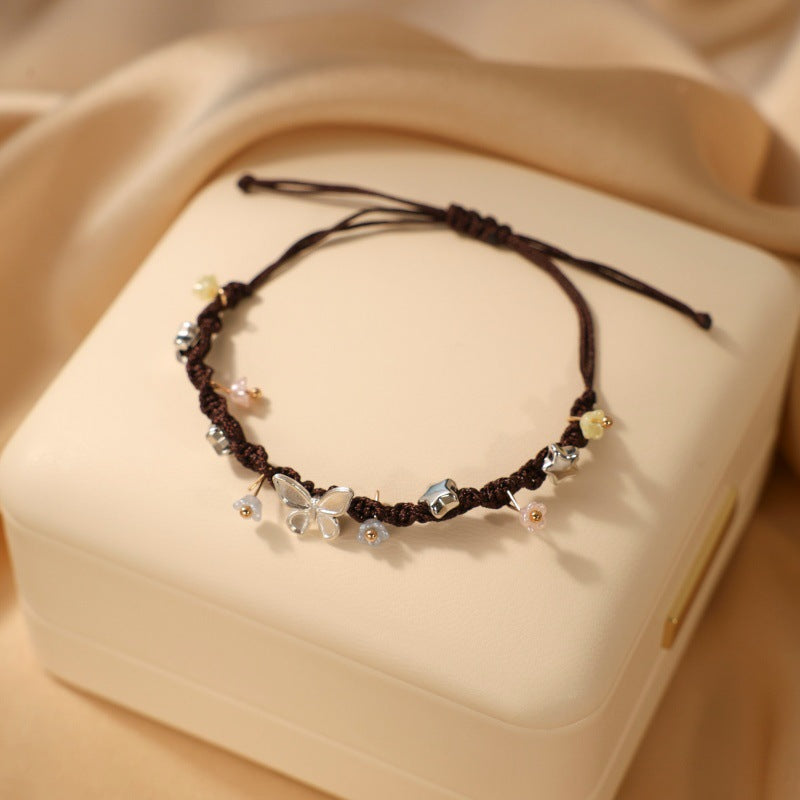 Women's & Men's Fresh Imitation Crystal Bead Good-looking Tassel Woven Hand Strap Bracelets - 4#S437 Flower Butterfly [Coffee-Color] MegaBDM