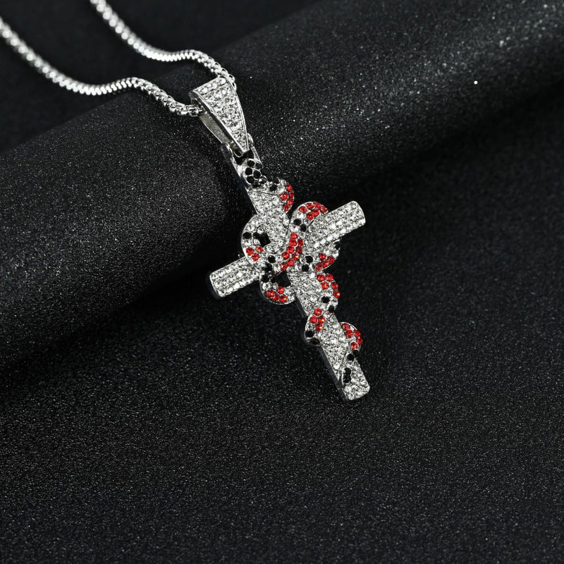 Men's Snake Cross Titanium Steel Couple Retro Personalized Hip Hop Necklace - Red Diamond Embedded Snake Cross (Finished Necklace) MegaBDM