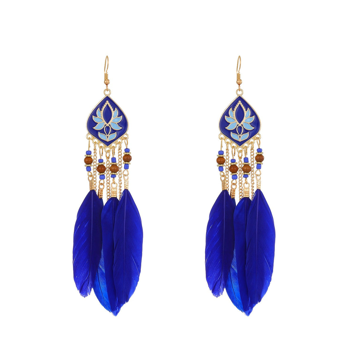 Semicircle Feather Popular Long Bead Chain Tassel Ethnic Rings - KC Gold/Ink Blue 3250 MegaBDM
