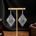 Turquoise Bohemian Palm Owl Bronze Carved Geometric Feather Earrings - E6005 MegaBDM