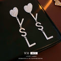 Zircon Letter Long Light Luxury High-grade Fashion Simple Earrings - 56# Silver Stud Rhinestone-Encrusted Love Letter VSL Stud Earrings MegaBDM