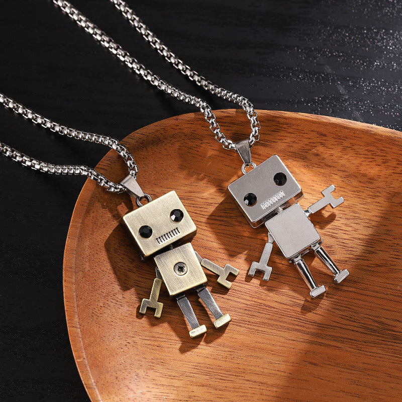 Women's & Men's Robot Disco Jumping Hip Hop Couple Necklaces - Ancient Golden Robot 60cm Titanium Steel Necklace MegaBDM