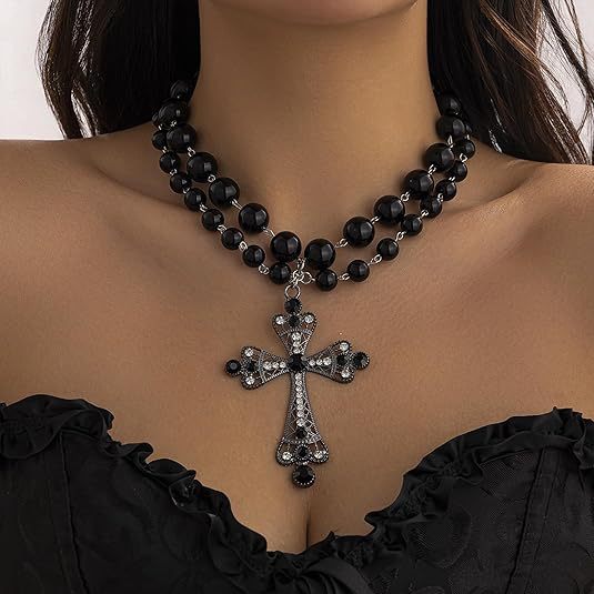 Hip Hop Cross Stitching Imitation Pearl Clavicle Necklaces - Black pearl double-layered MegaBDM