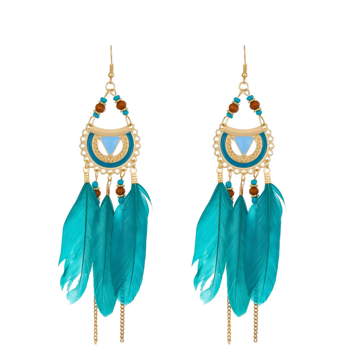 Semicircle Feather Popular Long Bead Chain Tassel Ethnic Rings - KC Gold/Blue Green 3101 MegaBDM