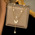 Women's Gold Plated Long Fringe Bead Necklaces - [Qyh1122] White Pearl Butterfly Gold MegaBDM