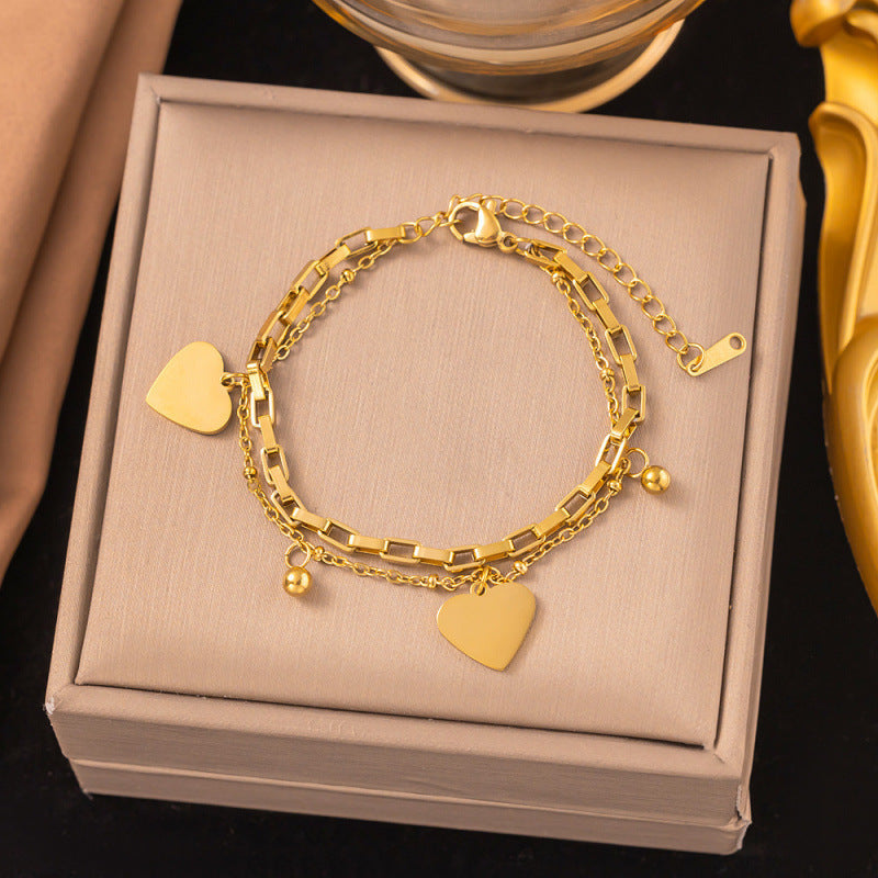 Titanium Steel Female Gold Fashion Light Luxury High Bracelets - [E266] Double-layered heart bracelet, gold color MegaBDM