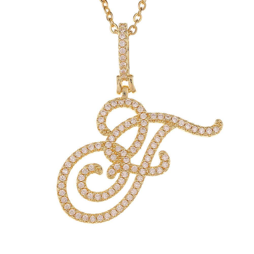 Women's & Men's Micro Inlaid Zircon Grass English Letter Pendants - F (Including Chain) Gold MegaBDM