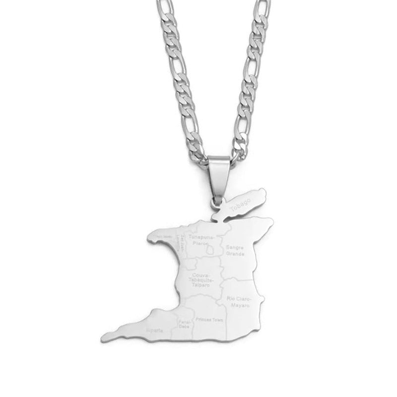 Women's & Men's Stainless Steel Trinidad Map City Name Pendants - Steel Color MegaBDM
