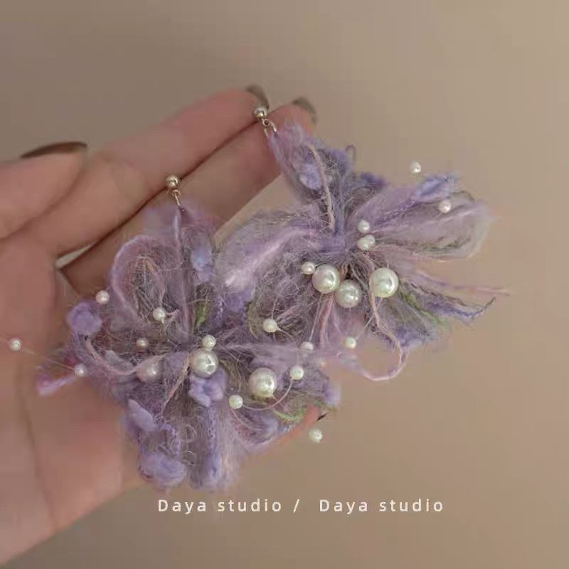 Women's Needle Fabric Purple Flower Tassel Light Luxury High-grade Temperament Fashionable Earrings - 8# Silver Needle-Purple MegaBDM