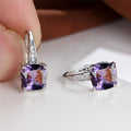 Women's Square Zircon Inlaid Ear Hook Korean Fashion Style Stud Earrings - Platinum Purple MegaBDM