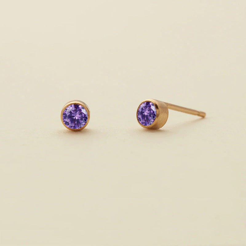 Rhinestone Color Niche Stainless Steel Gold Plated Ear Stud Earrings - February Violet / Steel Color MegaBDM