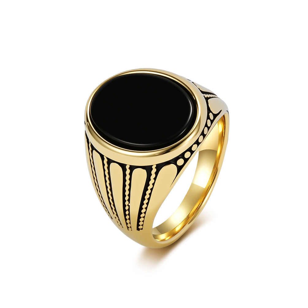 Men's Trendy Retro Black Onyx Titanium Steel Niche High Ring - Gold / 7# MegaBDM