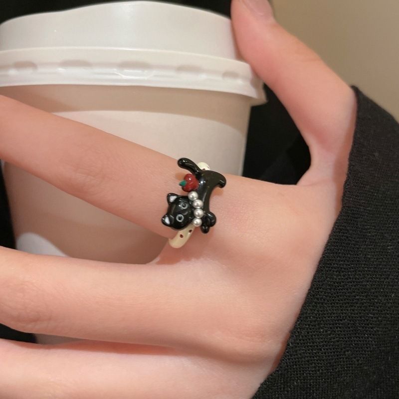 Pet Cat Open Female Fun Cartoon Animal Index Finger Unique Ring - Pearl Tomato Small Black Meow MegaBDM
