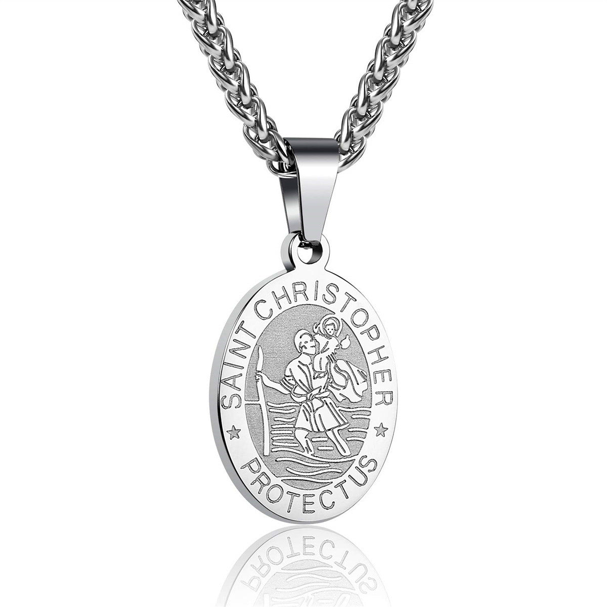 Women's & Men's Double-sided Portrait Medal Cross Stainless Steel Necklaces - 05-Silver Saint Christopher MegaBDM