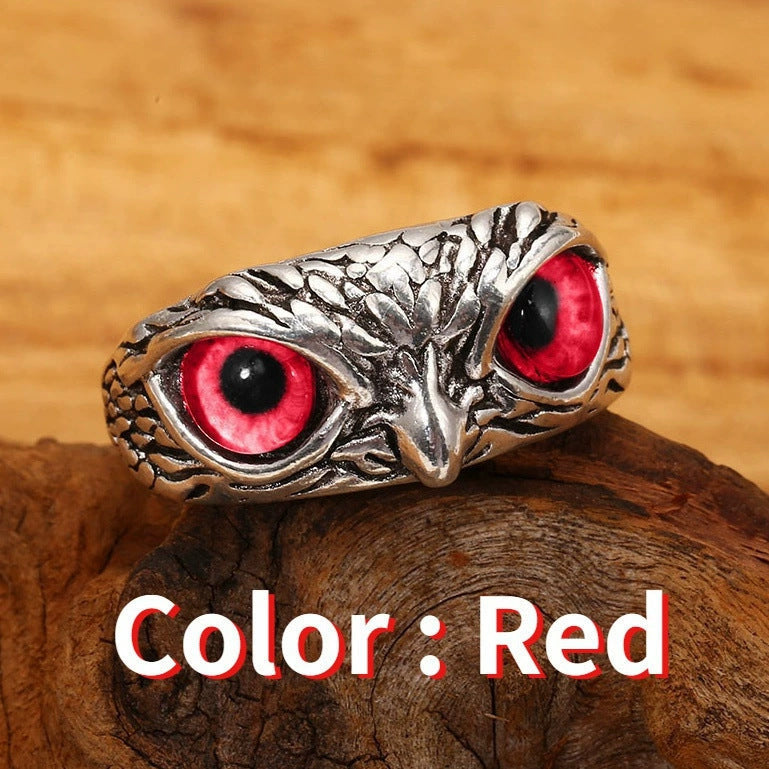 Women's & Men's Vintage Owl Hip Hop Carved Pattern Ring - Red Closed Mouth MegaBDM