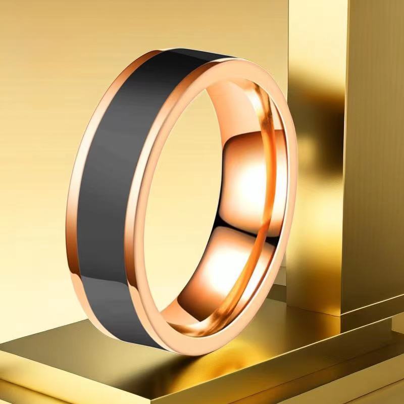Women's Stainless Steel Female Niche Advanced Style Wide Titanium Simple Ring - 5-d-3 Rose Gold Black Glue (Faded Package Returned) / No. 5 MegaBDM