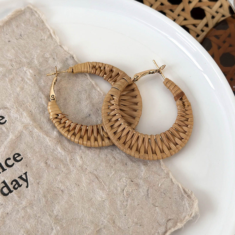 Women's Vacation Style Handmade Straw Woven Rattan For Seaside Graph Matching Earrings - 25780b Large Earrings MegaBDM