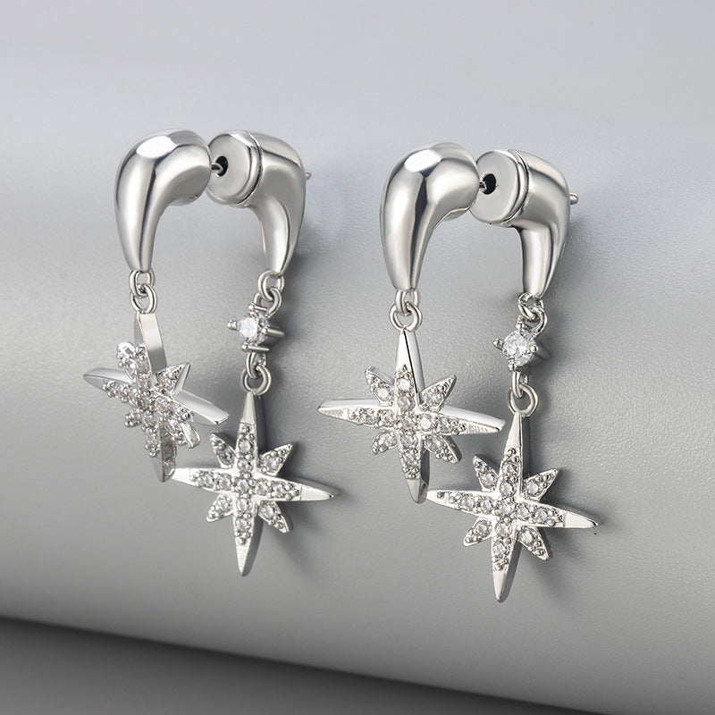 Women's French Entry Lux Eight Awn Star Flash Stud Earrings - Rear-Mounted Eight-Pointed Stars Stud Earrings/White Gold Color / Copper MegaBDM
