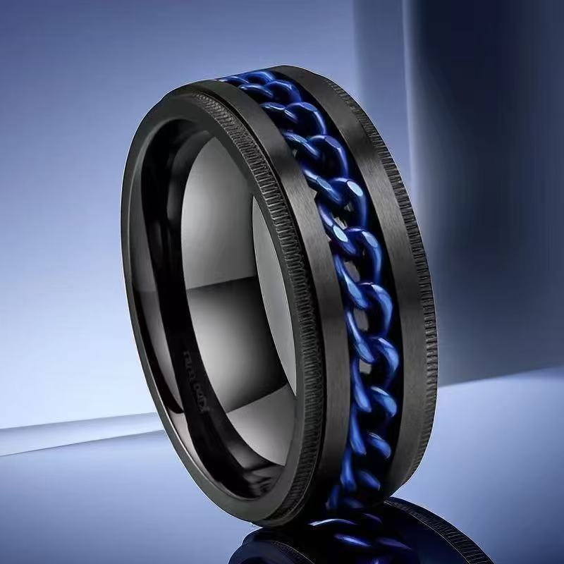 Men's Hip Hop Fashion Rotating Cold Niche Ring - 25-C-3 Embossed Black Circle Blue Chain (Faded Package Returned) / No. 5 MegaBDM
