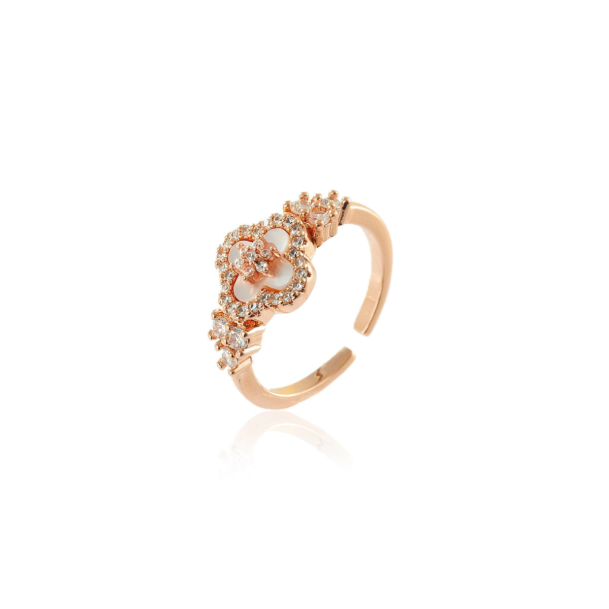 Women's Inlaid Zircon Lucky Four-leaf Flower Pink Imitation Fritillary Sier Light Stud Earrings - Copper Inlaid Zirconium Four-Leaf Flower-Ring [White Gold]] MegaBDM