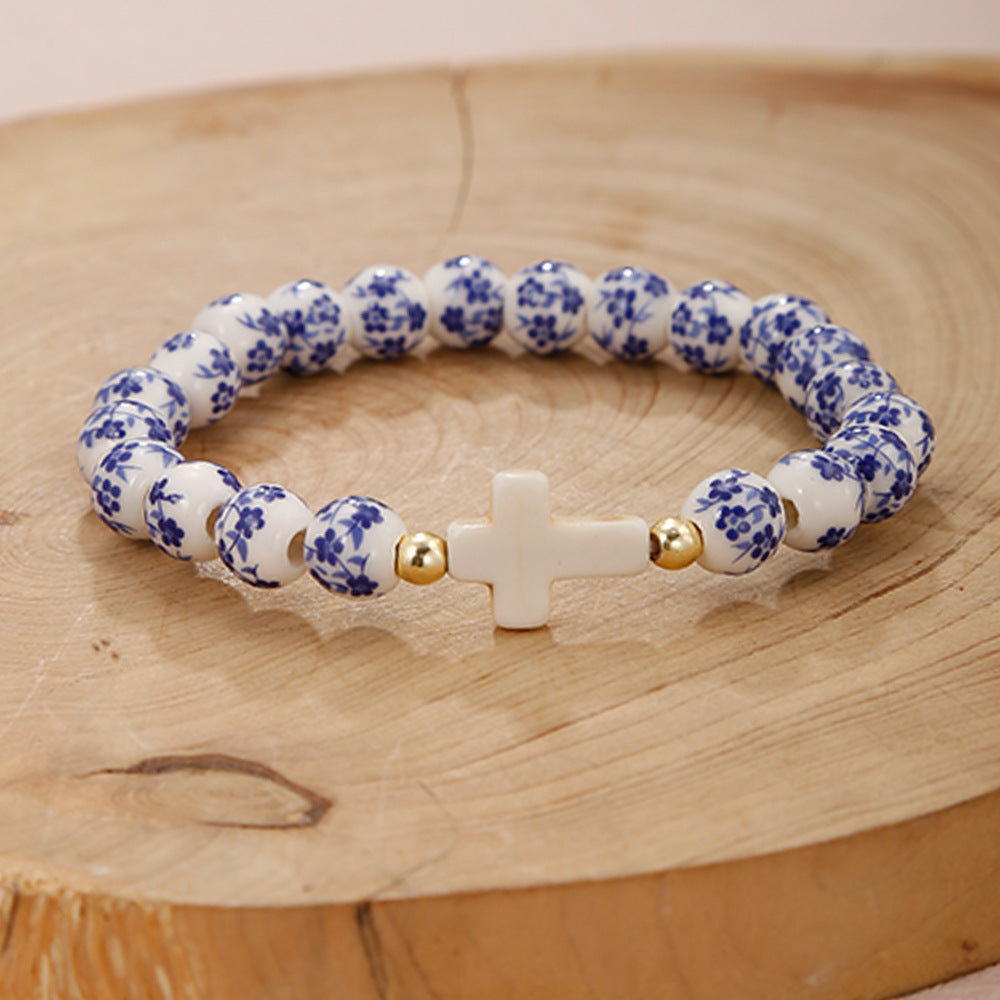 Women's & Men's Blue White Porcelain Ceramic Pattern Love Bracelets - Blue Cross MegaBDM