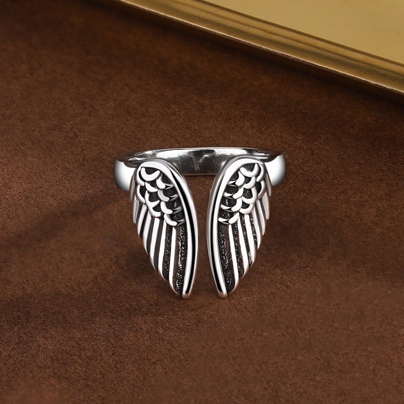 Women's & Men's Angel Wings Fashion Trend Sier Plated Retro Distressed Ring MegaBDM
