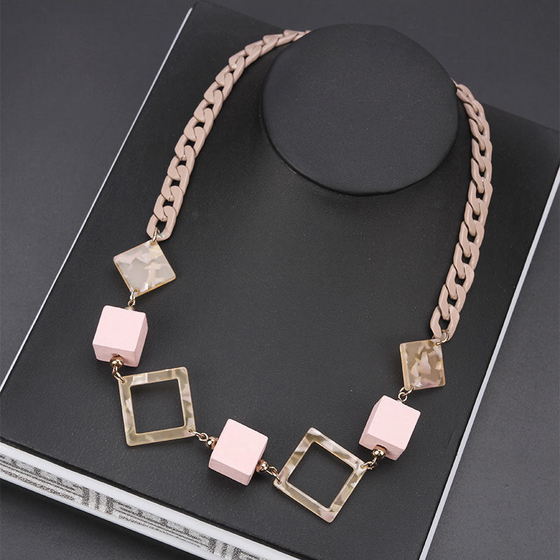 Clavicle Chain Short Sweater Korean Fashion Necklace - Brown Pink Square Necklace MegaBDM
