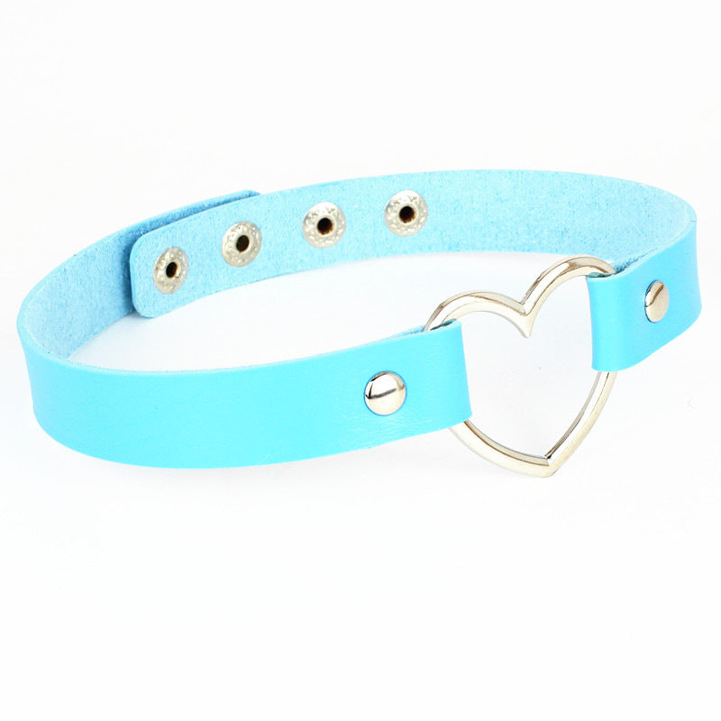 Fashion Punk Nightclub Soft Leather Heart Love Necklaces - Four Buttons Sky Blue MegaBDM