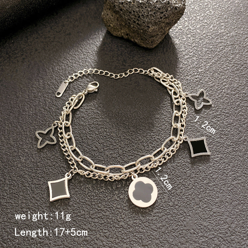 Hip Hop Fashion Roman Digital Four-leaf Clover Chain Special Trendy Bracelet - Silver-Double-Layer Presbyopic Black Clover Bracelet MegaBDM